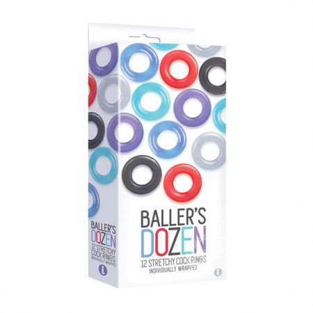 The 9's Baller's Dozen Cock Rings Assorted Colors 12 Individually Wrapped Per Box