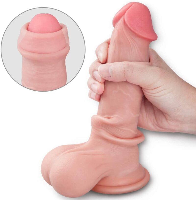 8 Inch Realistic Dildo with Moving Foreskin, Ultra-Lifelike Girthy Penis with Strong Suction Cup