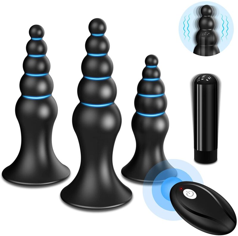 Vibrating Anal Beads Vibrator Prostate Massager - Adorime 10 Vibrations Anal Butt Plug Set with Remote Control, 3Pcs Rechargeable Adult Sex Toys for Male and Female